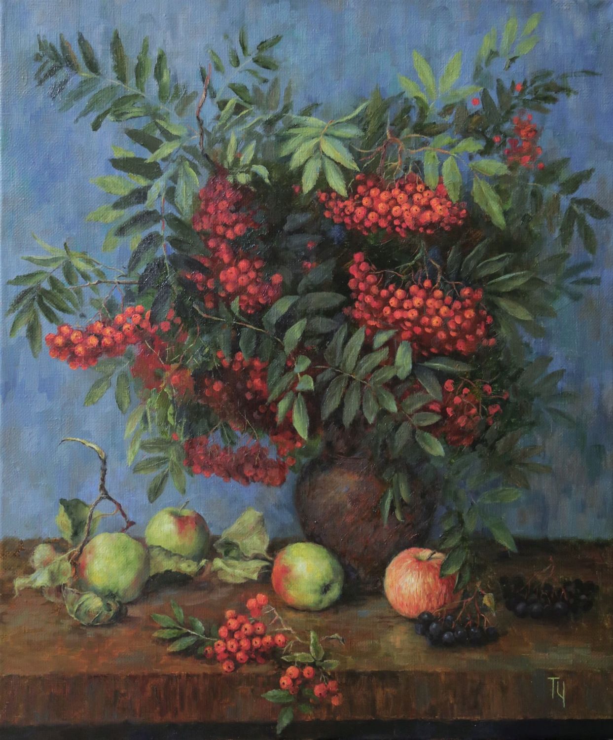рябина, яблоки, картина рябина
